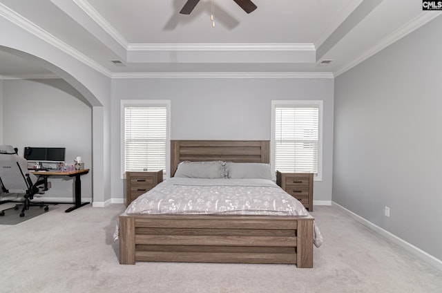 263 Compass Trl, Blythewood, SC 29016 - bedroom featuring a raised ceiling, multiple windows, arched walkways, and carpet floors