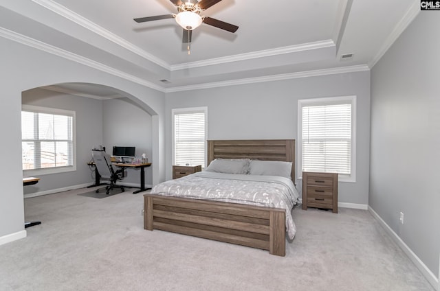 263 Compass Trl, Blythewood, SC 29016 - carpeted bedroom featuring a tray ceiling, baseboards, visible vents, and ornamental molding
