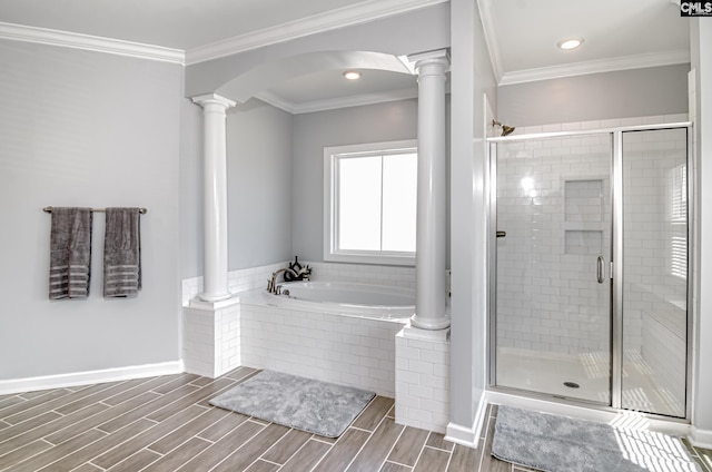 263 Compass Trl, Blythewood, SC 29016 - bathroom with decorative columns, ornamental molding, and wood tiled floor