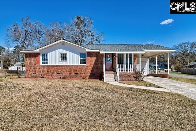 ranch-style home featuring a porch, concrete driveway, a carport, crawl space, and brick siding