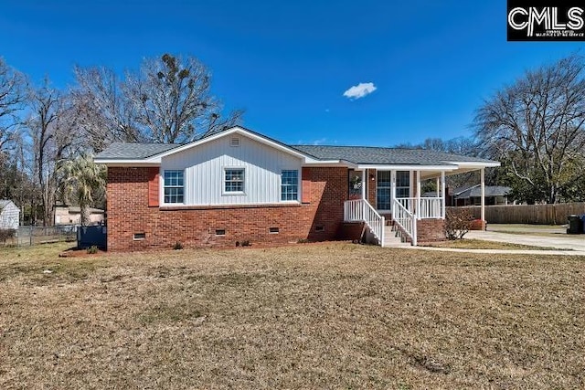 single story home featuring crawl space, covered porch, brick siding, and fence