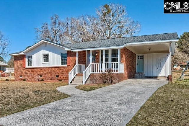 ranch-style home featuring a porch, brick siding, driveway, and crawl space