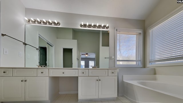 bathroom featuring ceiling fan, a bath, vanity, and tile patterned floors