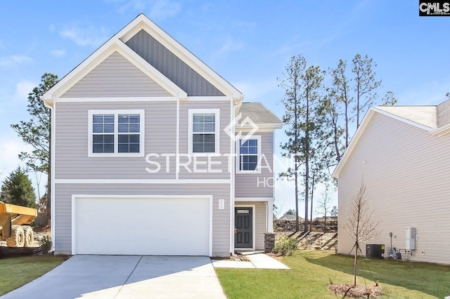 view of front facade featuring board and batten siding, concrete driveway, central AC, a front yard, and an attached garage