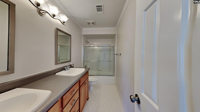 bathroom with tile patterned flooring, visible vents, ornamental molding, and a sink