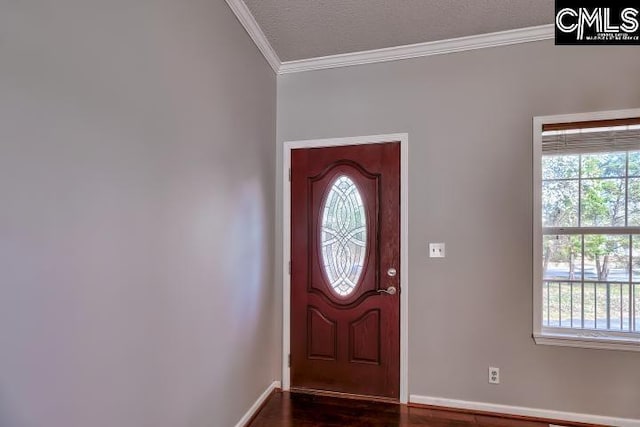 entrance foyer featuring a textured ceiling, dark wood-type flooring, baseboards, and ornamental molding