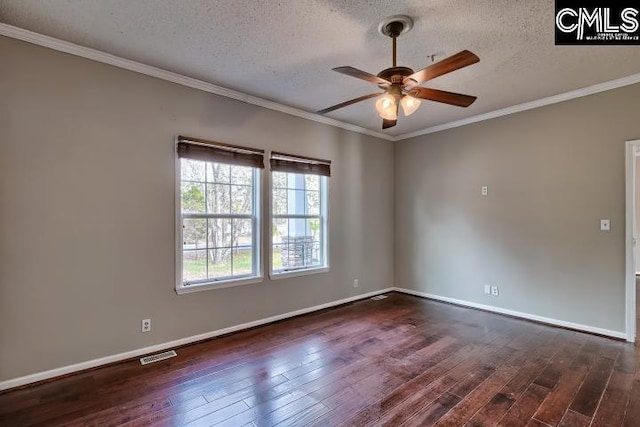 unfurnished room with visible vents, ornamental molding, a ceiling fan, a textured ceiling, and dark wood-style floors