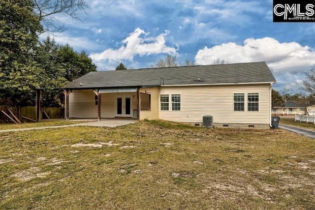 back of property featuring a patio, fence, a yard, french doors, and crawl space