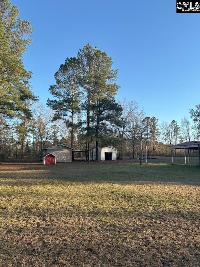 view of yard with a shed, a barn, and an outdoor structure