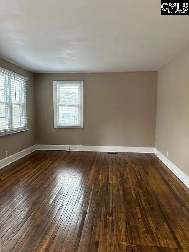 spare room with baseboards, a healthy amount of sunlight, and hardwood / wood-style floors