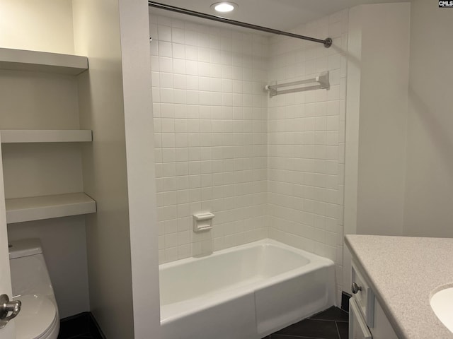 bathroom featuring toilet, recessed lighting, washtub / shower combination, tile patterned flooring, and vanity