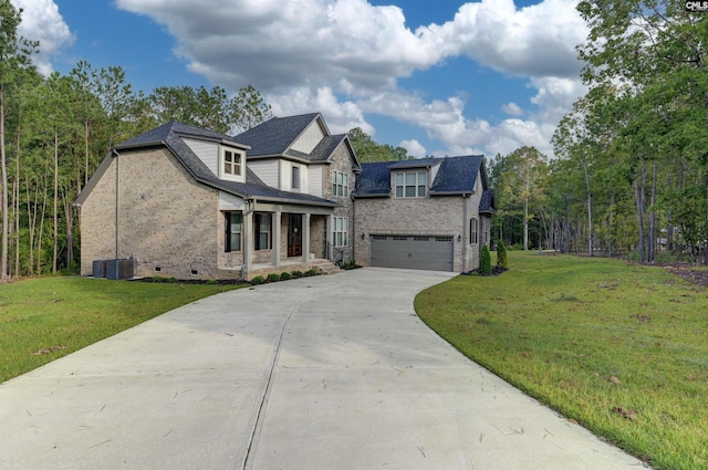 view of front of house with crawl space, a front lawn, brick siding, and driveway