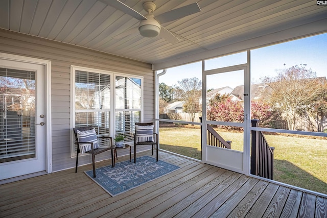 sunroom with wood ceiling and a ceiling fan