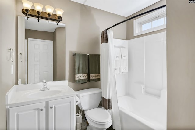 bathroom with shower / bath combination with curtain, toilet, and vanity