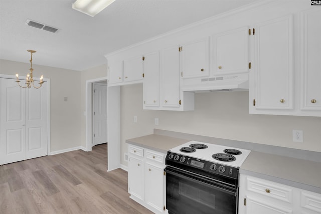 kitchen with visible vents, light countertops, white cabinets, black range with electric stovetop, and under cabinet range hood