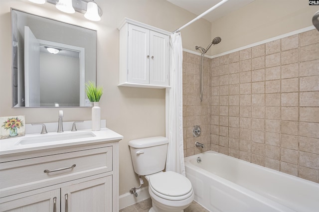 full bathroom with toilet, vanity, and shower / bath combination with curtain