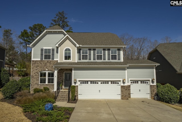 view of front of property featuring brick siding, concrete driveway, and a shingled roof