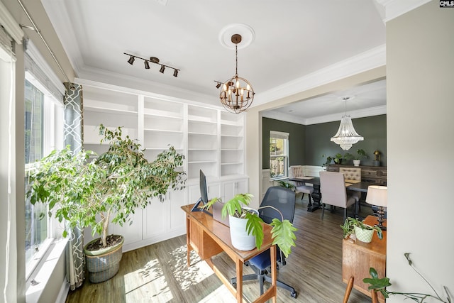 interior space with light wood-type flooring, a notable chandelier, ornamental molding, and track lighting