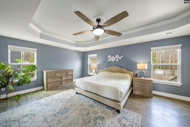 bedroom with a tray ceiling, multiple windows, baseboards, and wood finished floors