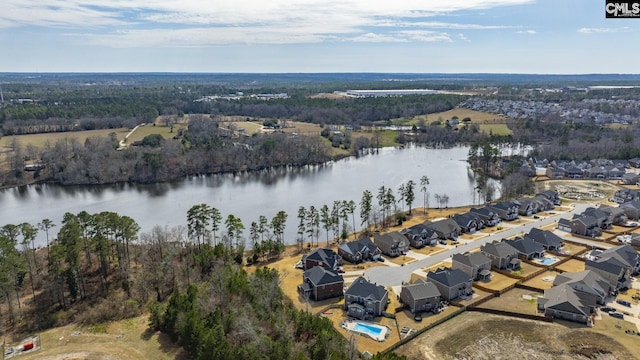 bird's eye view with a residential view, a water view, and a view of trees