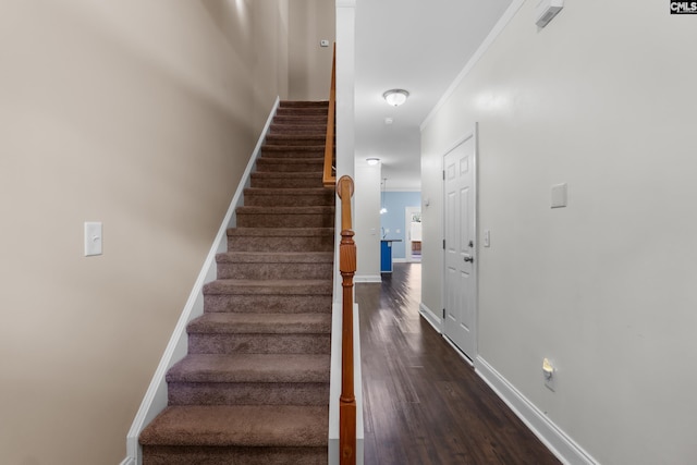 stairway featuring baseboards, wood finished floors, and ornamental molding