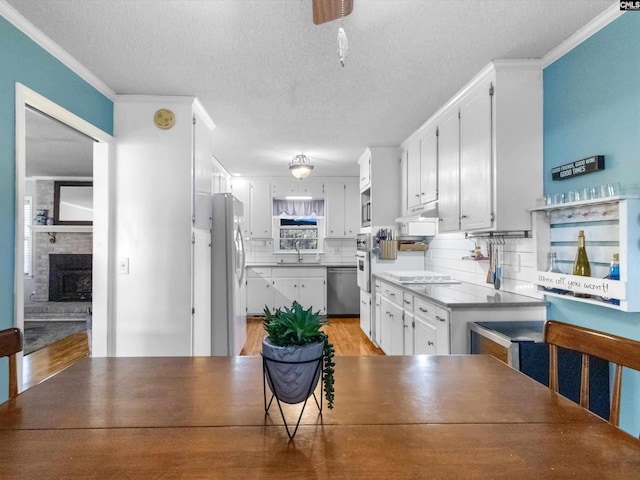 kitchen featuring dishwasher, decorative backsplash, a fireplace, freestanding refrigerator, and white cabinetry