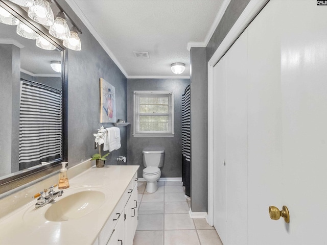 full bathroom with vanity, visible vents, tile patterned flooring, crown molding, and toilet