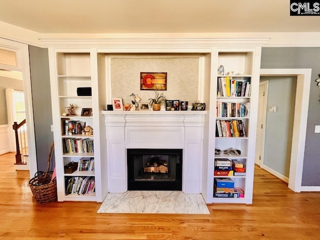 room details featuring a fireplace with flush hearth, built in shelves, and wood finished floors