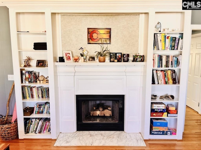 room details with a fireplace with flush hearth, wood finished floors, and built in shelves