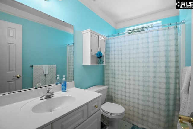 full bathroom with toilet, vanity, and a shower with curtain