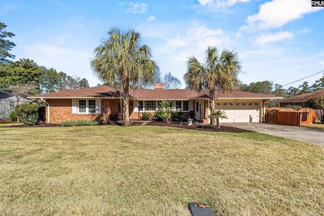 single story home with driveway, a front lawn, fence, a garage, and brick siding