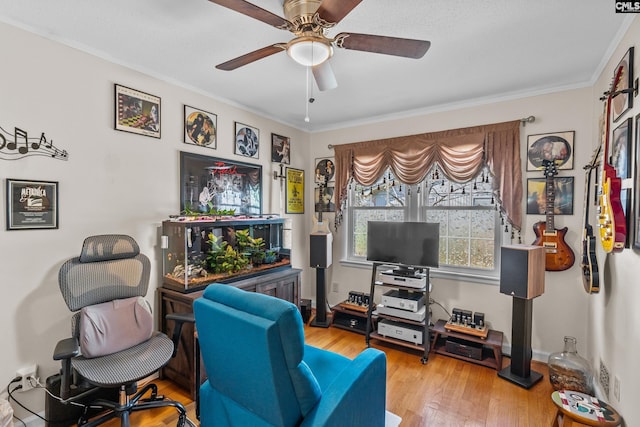 living area featuring ceiling fan, wood finished floors, and ornamental molding