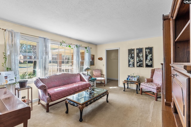 living area with a textured ceiling, baseboards, and light carpet