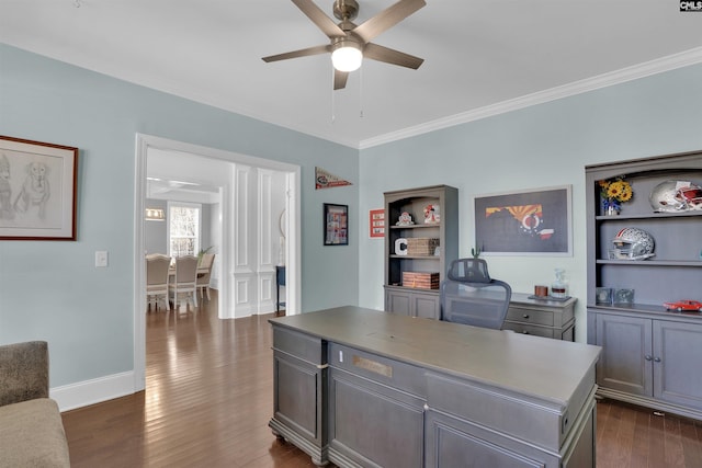 office featuring crown molding, dark wood-style floors, baseboards, and ceiling fan