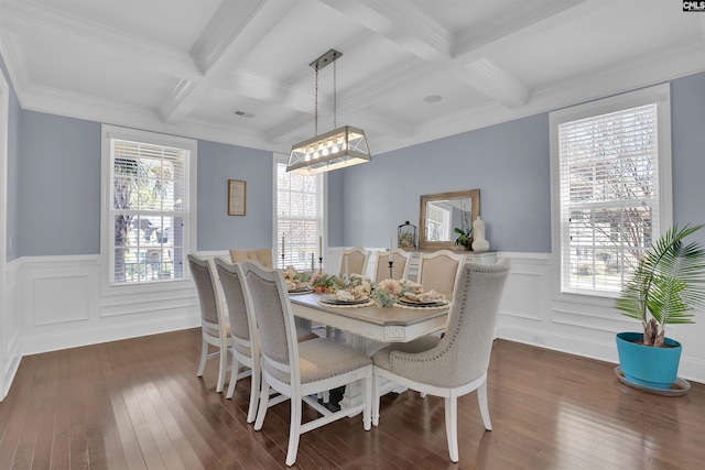 dining room with beamed ceiling, coffered ceiling, dark wood-style floors, and a wealth of natural light