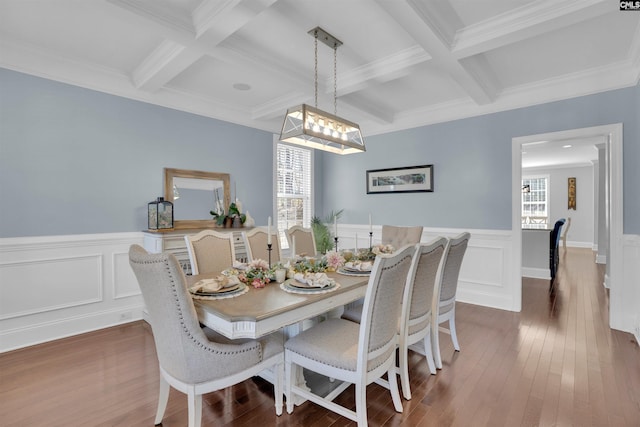 dining room with a wealth of natural light, beam ceiling, and dark wood-style flooring