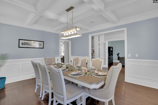 dining room with decorative columns, beam ceiling, dark wood-style floors, and wainscoting