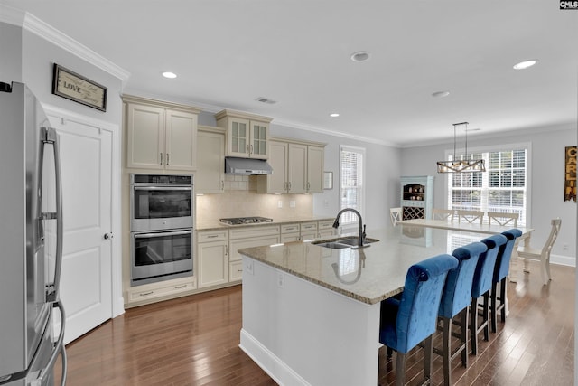 kitchen featuring under cabinet range hood, appliances with stainless steel finishes, crown molding, and a sink