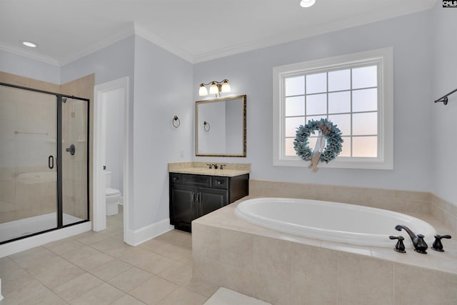 bathroom with toilet, crown molding, a bath, and a shower stall