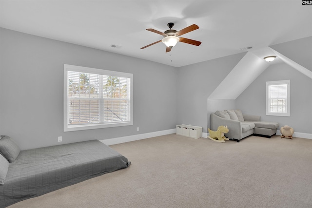 bedroom with baseboards, visible vents, carpet floors, and ceiling fan