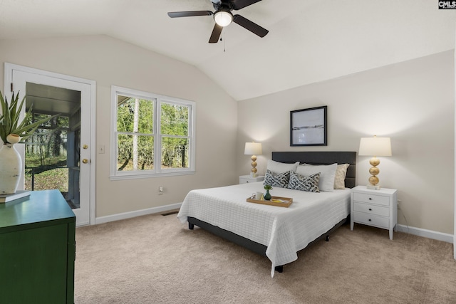 bedroom with baseboards, light carpet, access to outside, and vaulted ceiling