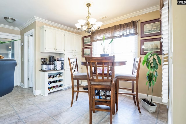 dining room featuring light tile patterned floors, baseboards, visible vents, an inviting chandelier, and ornamental molding