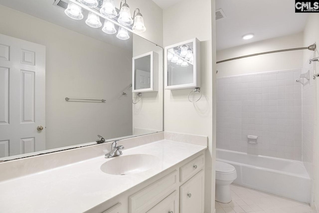 bathroom with visible vents, shower / washtub combination, toilet, tile patterned floors, and vanity