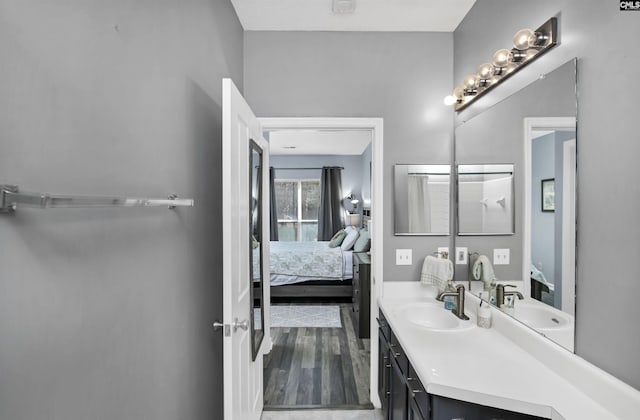 ensuite bathroom featuring vanity, wood finished floors, and connected bathroom