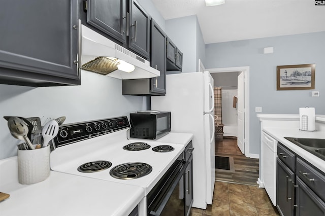 kitchen with under cabinet range hood, electric range oven, white dishwasher, black microwave, and light countertops