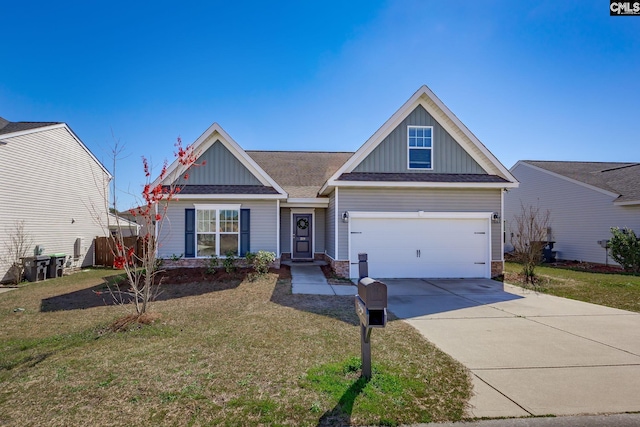 view of front of property featuring a garage, board and batten siding, concrete driveway, and a front lawn