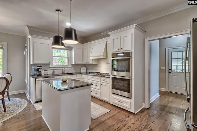 kitchen featuring a sink, stainless steel appliances, custom exhaust hood, and dark wood finished floors