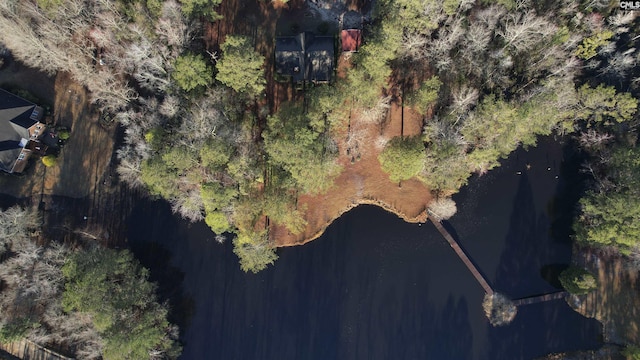 bird's eye view featuring a wooded view and a water view