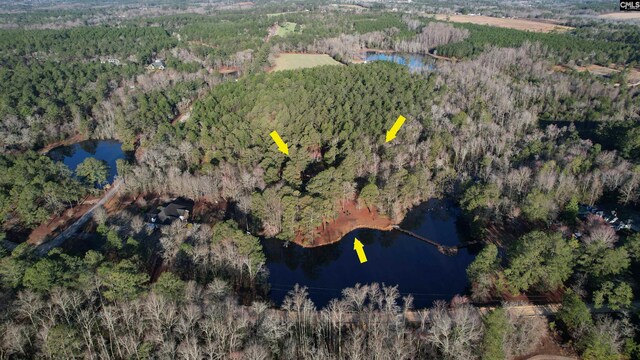 birds eye view of property featuring a wooded view and a water view