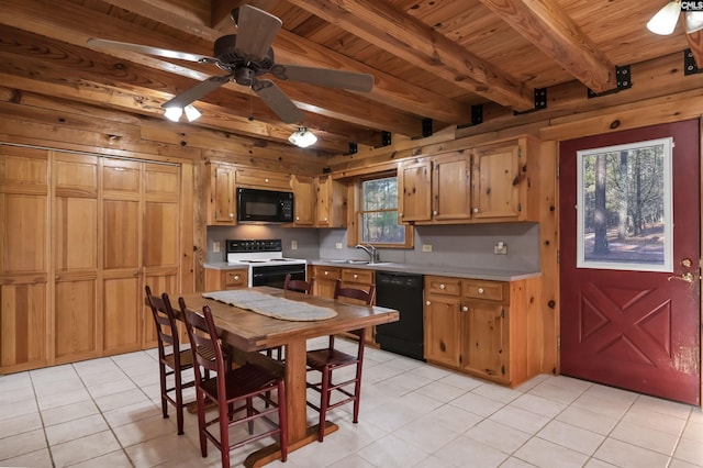 kitchen with a sink, black appliances, light countertops, wood ceiling, and beamed ceiling